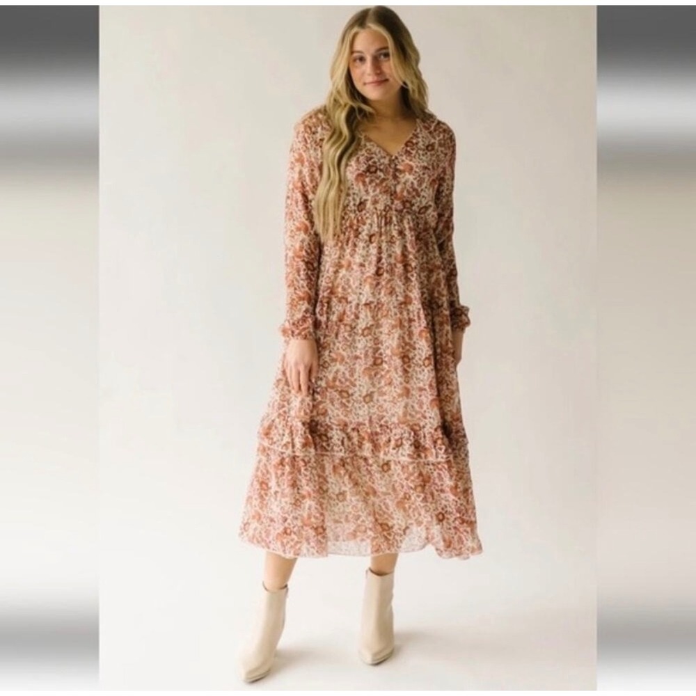 Piper & Scoot Fall Flowy V-Neck Midi Dress in Rust Floral